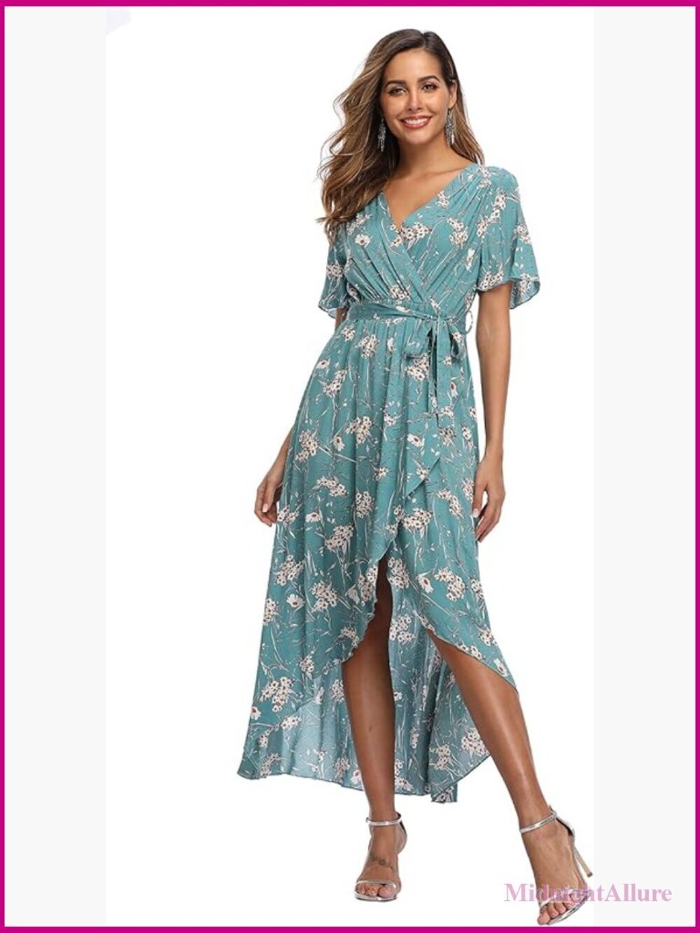 Floral High Low Wrap V Neck Maxi Dress Short Sleeve Flowy Beach Casual